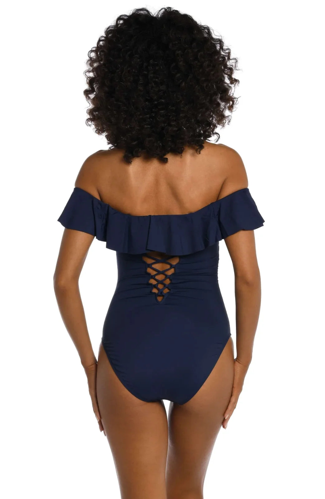 Back view of Island Goddess Off Shoulder Ruffle One Piece in Indigo, perfect for coastal boutique clothing and beach dresses.