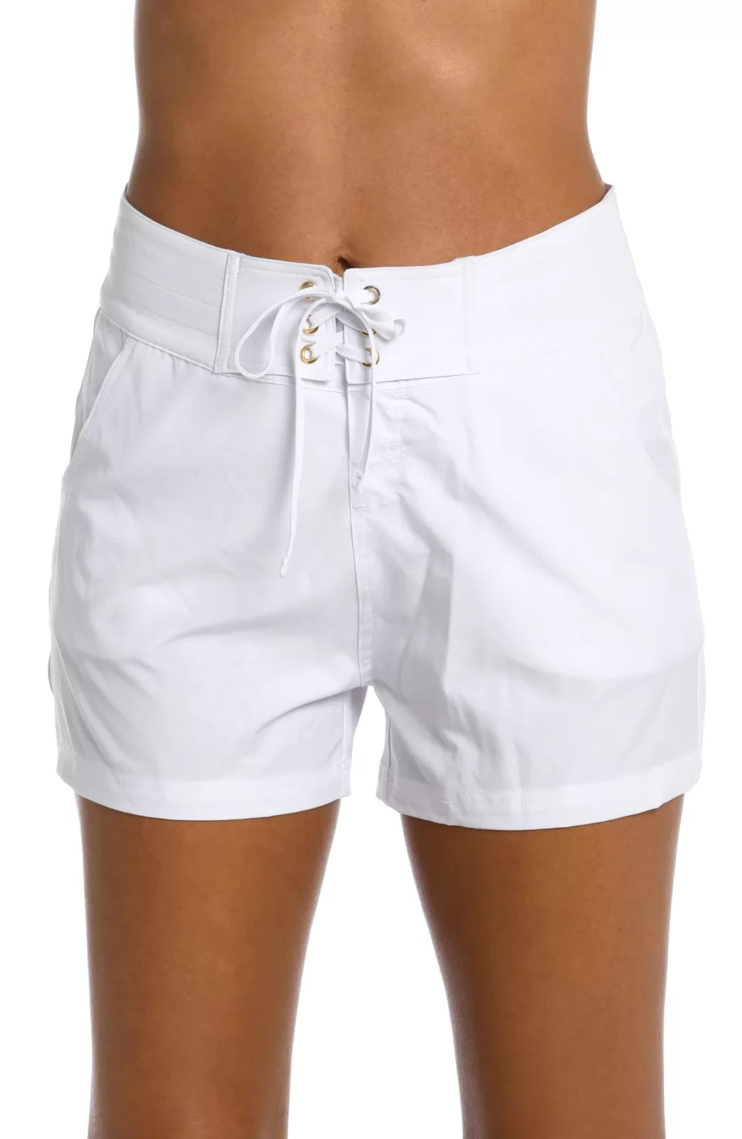 La Blanca White Board Shorts with lace-up front, perfect for trendy coastal style from Raggdoll Boutique.