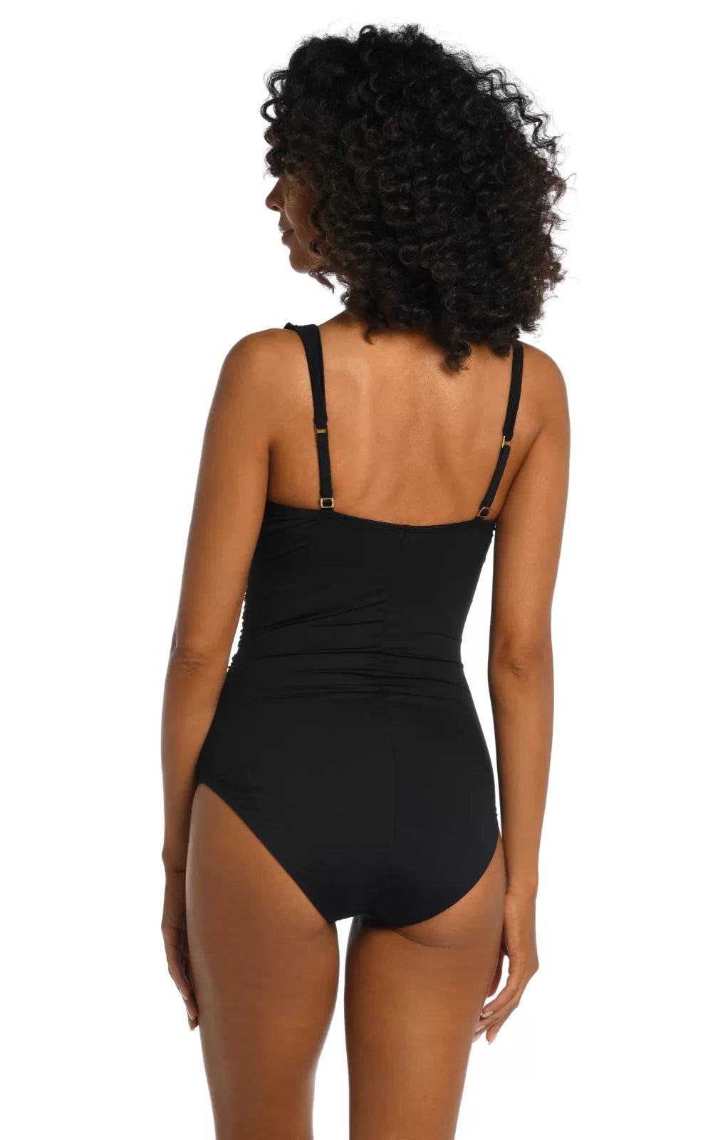 LA BLANCA BLACK RUFFLED ONE-PIECE from Raggdoll Boutique showcasing adjustable straps in black fabric.