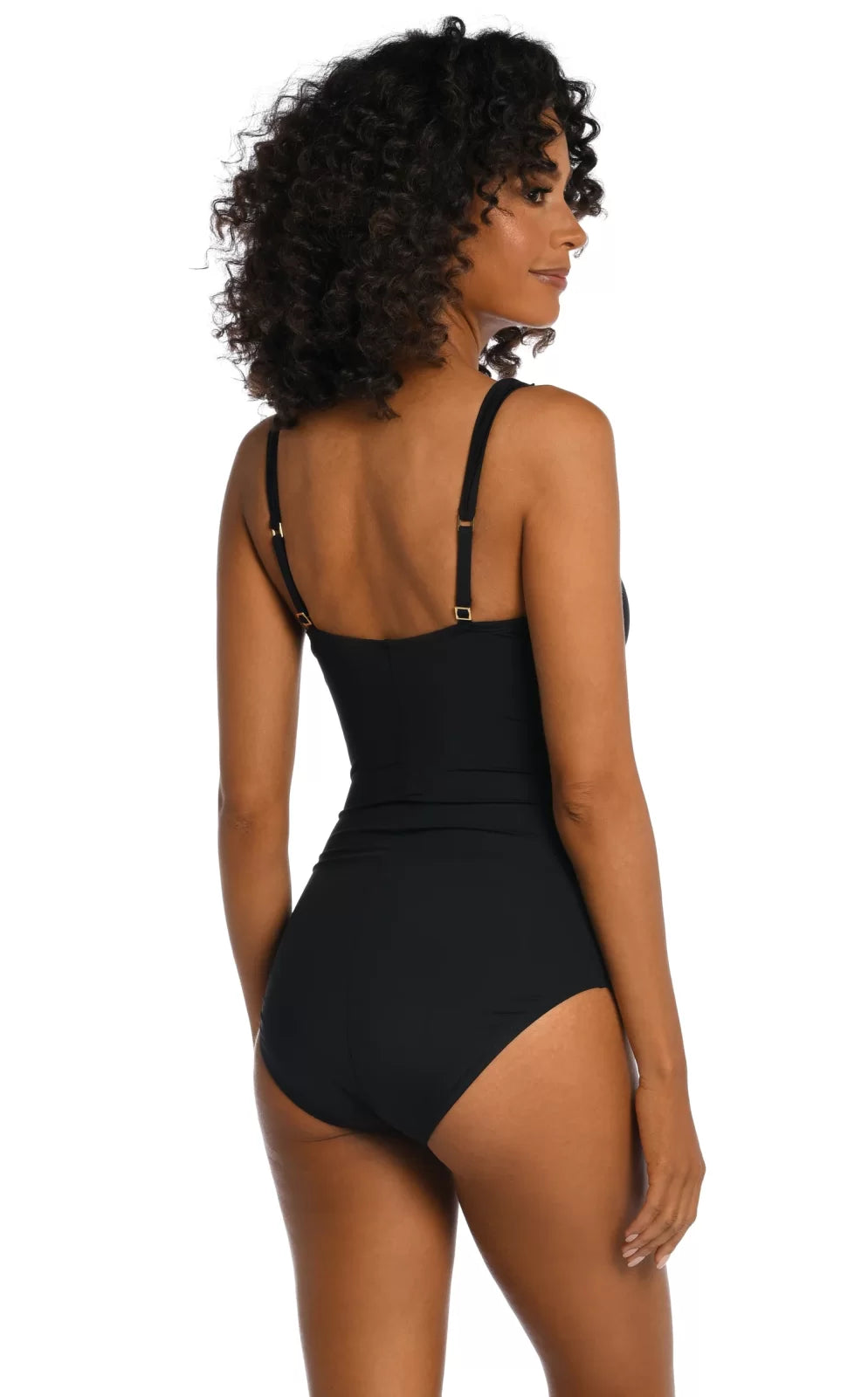 LA BLANCA BLACK RUFFLED ONE-PIECE showcasing adjustable straps, perfect for summer outfits Texas, from Raggdoll Boutique.