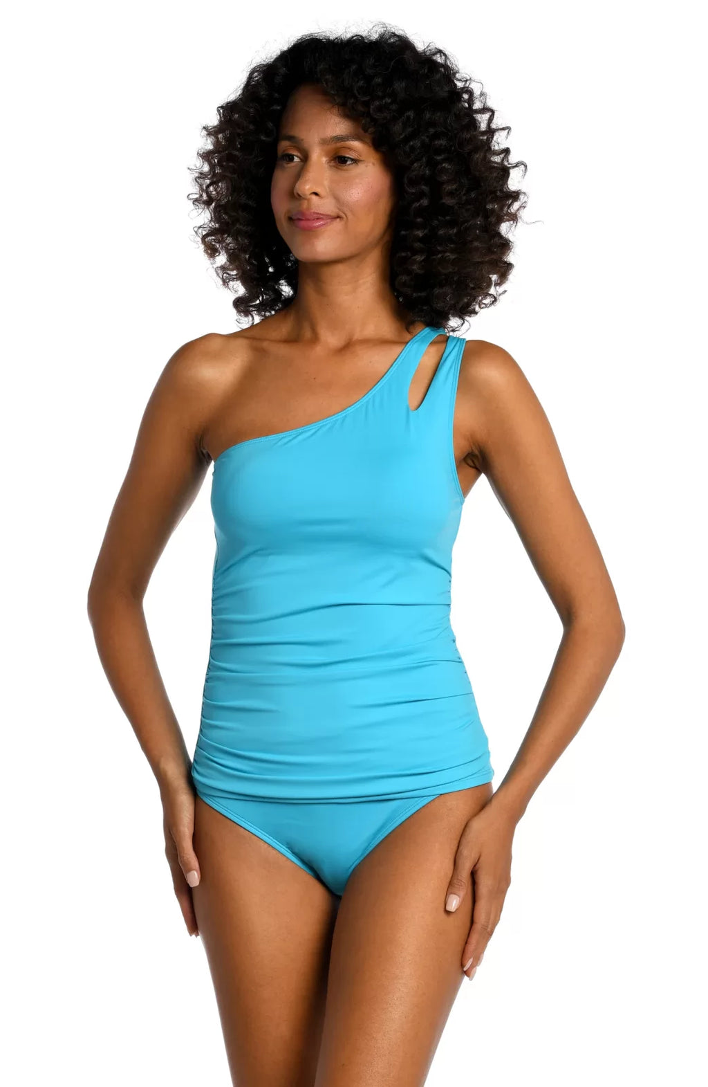 AZUL SHOULDER DETAIL TANKINI modeled, featuring trendy coastal style and tummy control from Raggdoll Boutique.