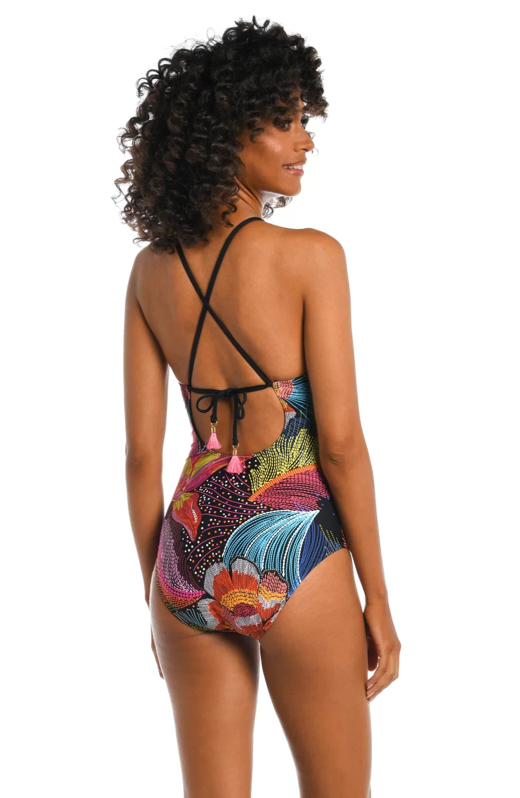 Colorful high-neck back detail swimsuit, perfect for coastal boutique clothing and stylish women's swimwear.