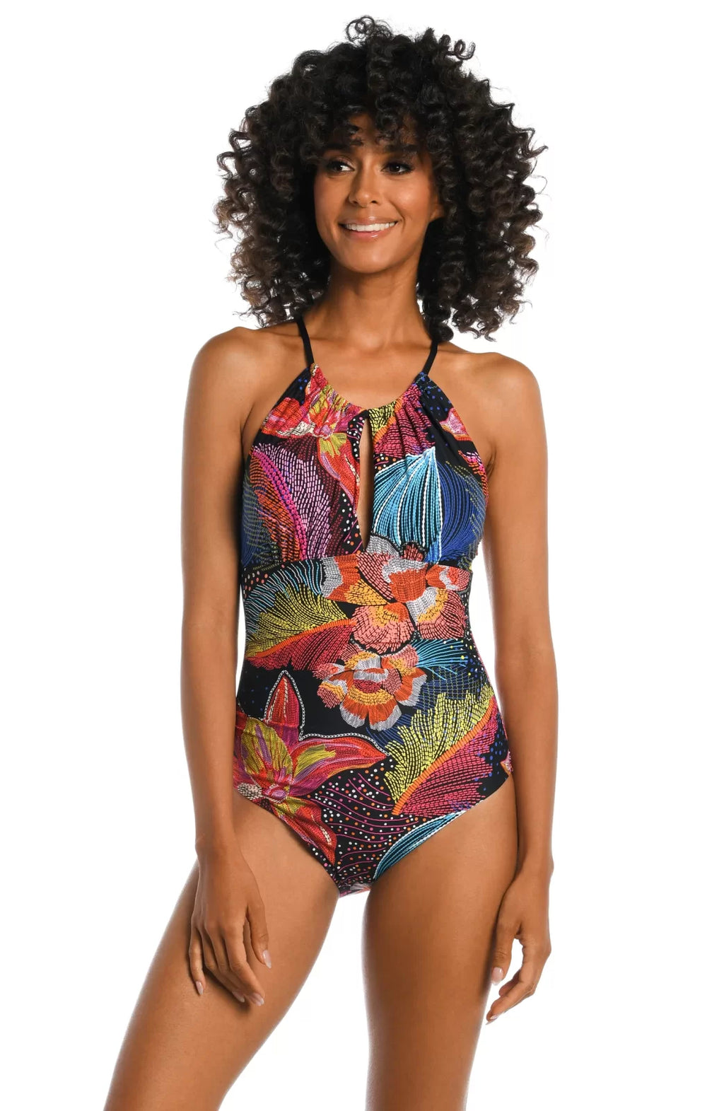 Colorful SUNLIT high-neck back detail swimsuit for curvy plus size women, perfect for tropical beach vacations. Shop at our Port Aransas boutique.