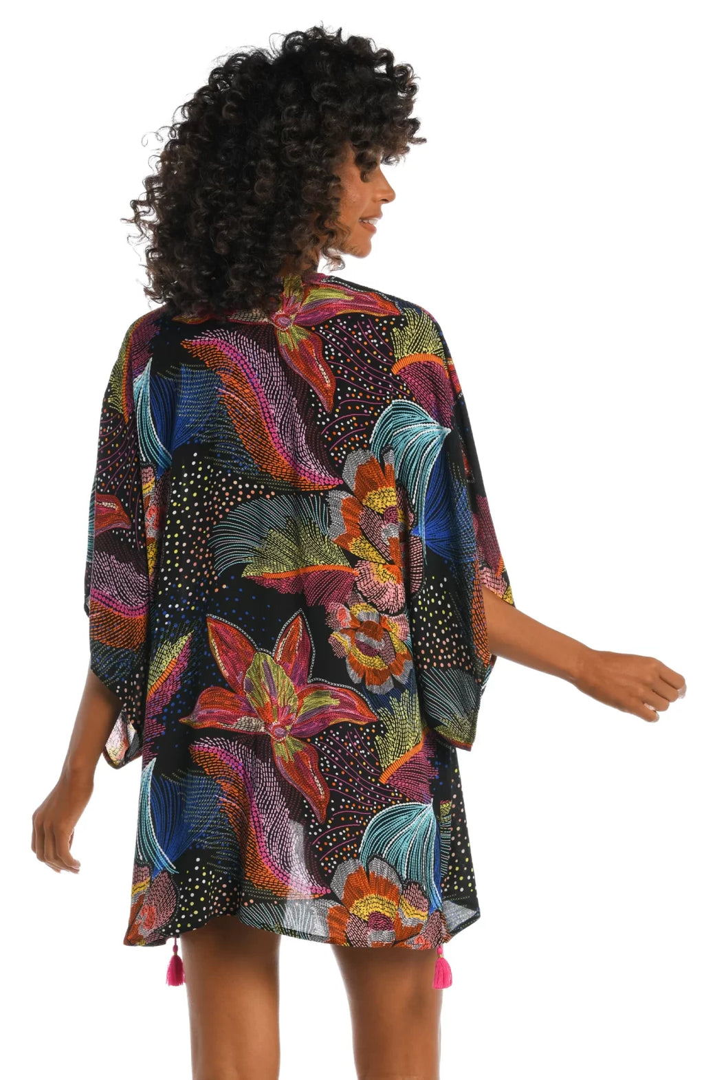 Colorful back view of SUNLIT SOIREE KIMONO from Raggdoll Boutique, perfect for summer outfits Texas and vacation wardrobe boutique.
