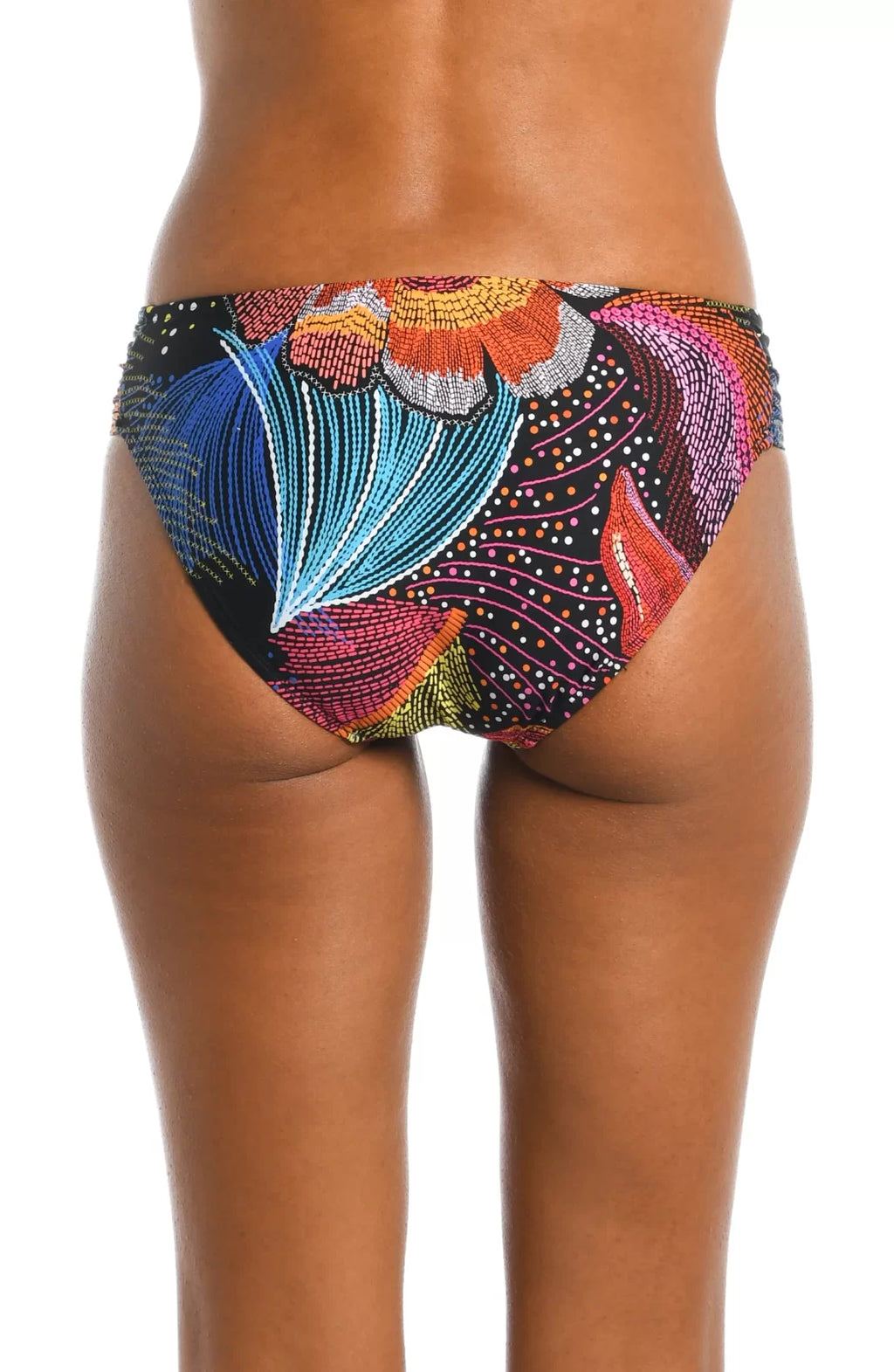 Back view of SUNLIT SOIREE SHIRRED BOTTOMS featuring colorful coastal patterns, perfect for summer outfits Texas.