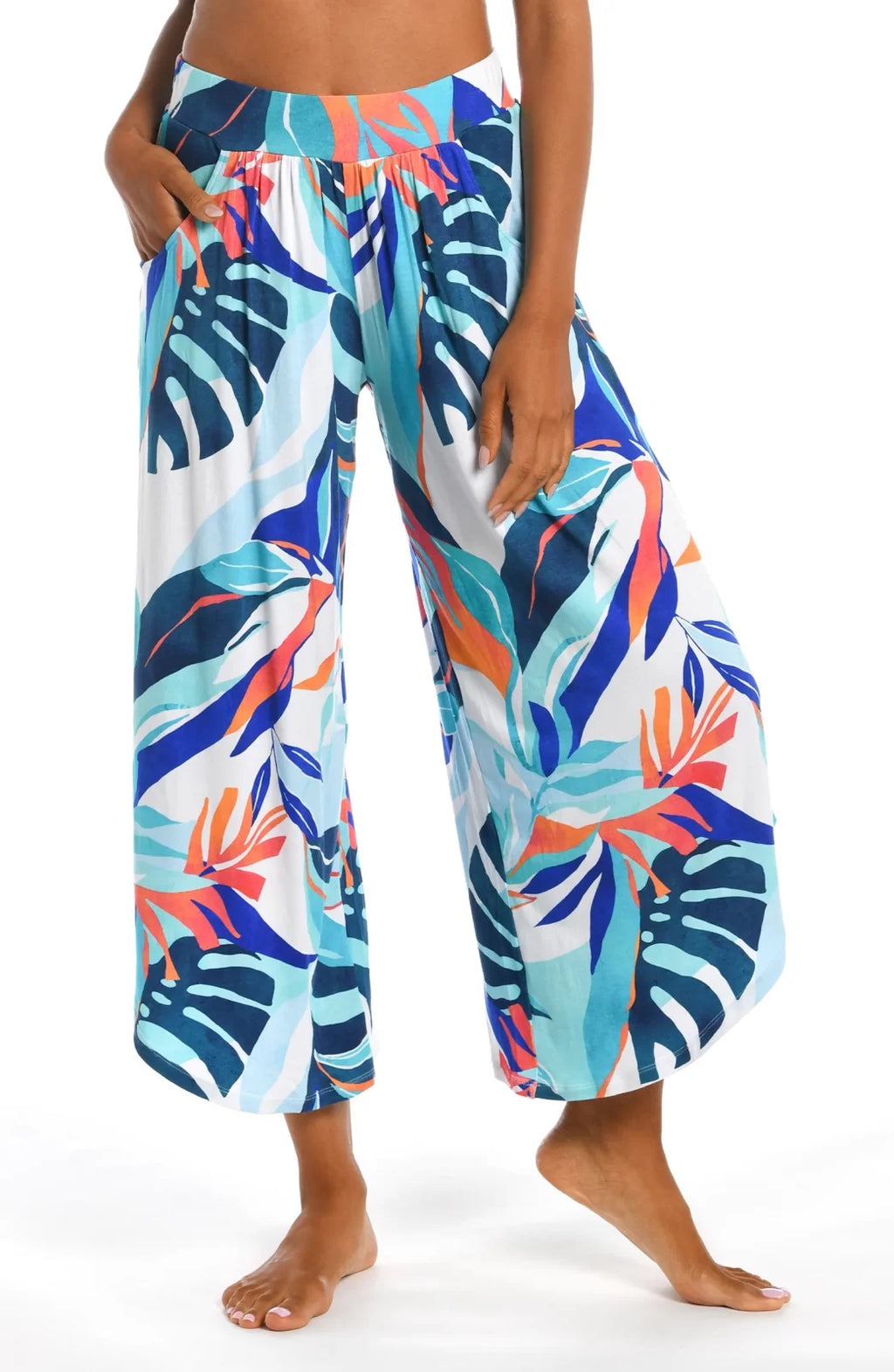 COASTAL PALMS PALAZZO PANTS featuring tropical print, perfect for summer outfits at Raggdoll Boutique.