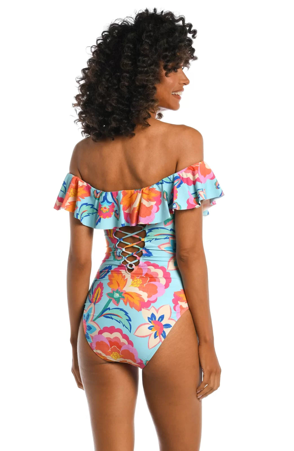 BREEZY OFF SHOULDER RUFFLED ONE-PIECE in floral pattern from Raggdoll Boutique, trendy coastal style swimwear.
