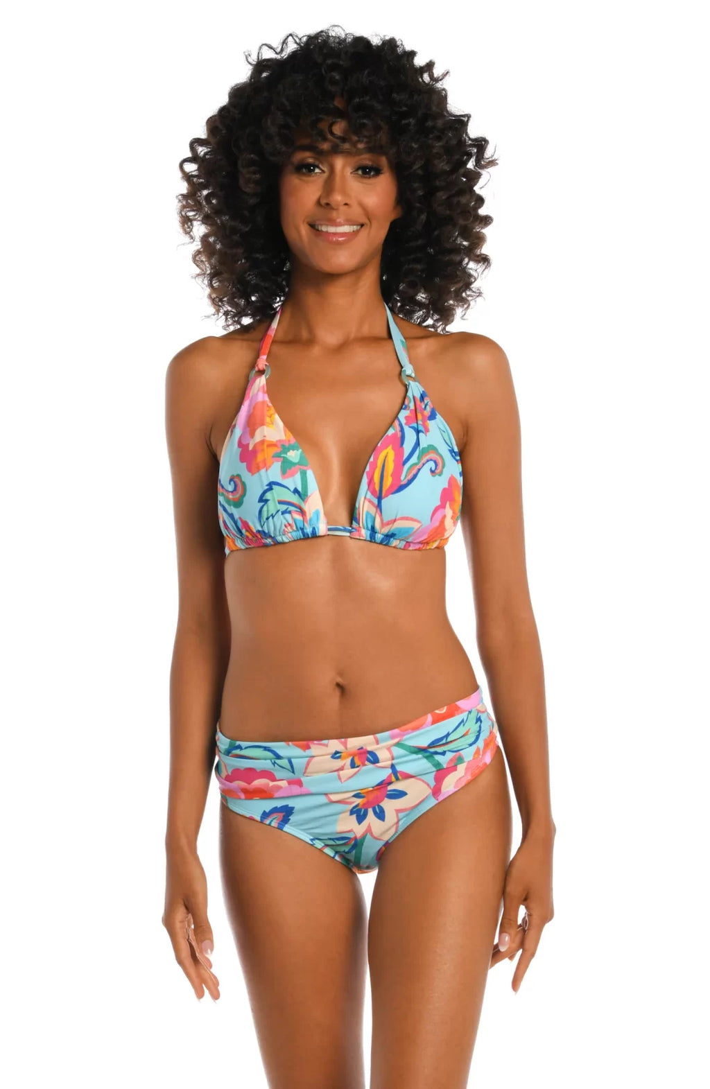 BREEZY MULTI HALTER TOP model showcasing colorful bikini, perfect for summer outfits Texas at Raggdoll Boutique.