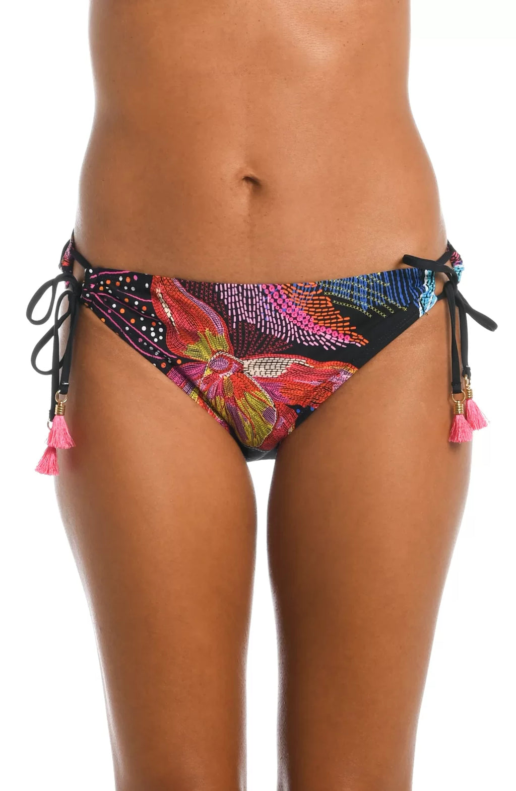 SUNLIT SOIREEE ADJUSTABLE BOTTOMS featuring vibrant floral print and tassel details for trendy coastal style.