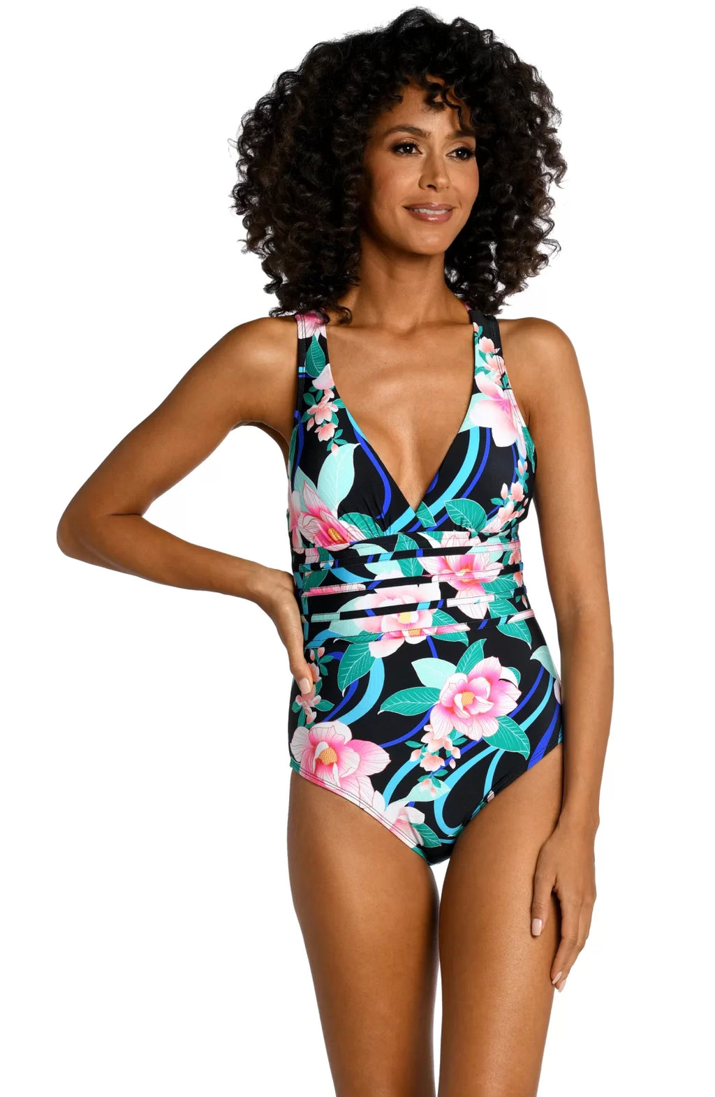 Stylish tropical floral one-piece swimsuit from a Port Aransas boutique, perfect for beach vacations and curvy plus size fashion.