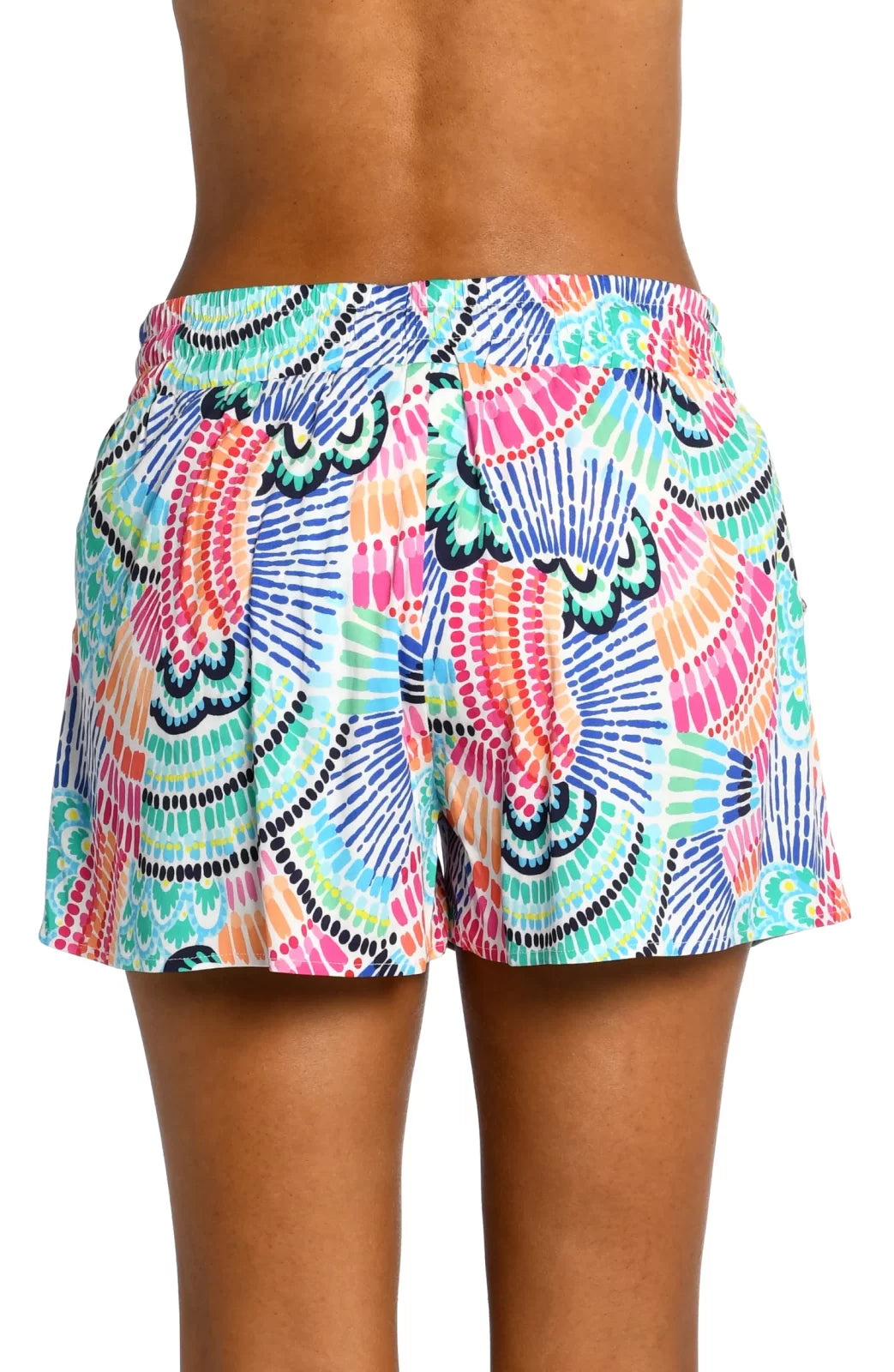WAVES BEACH SHORTS featuring a vibrant, multicolored pattern perfect for summer outfits Texas and trendy coastal style.