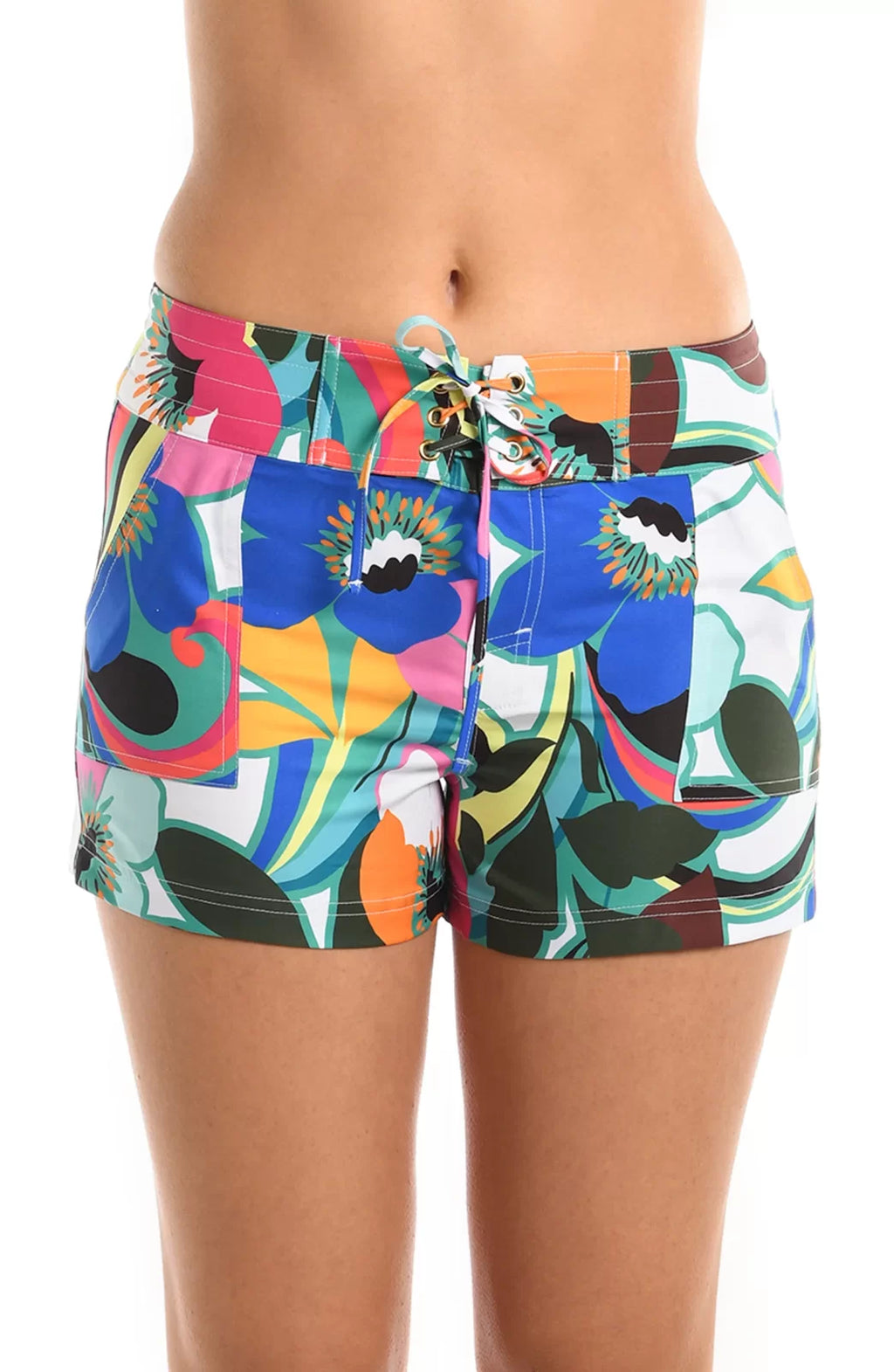SUNCATCHER BOARD SHORTS LA BLANCA in colorful floral pattern from Raggdoll Boutique, perfect for coastal fashion style.