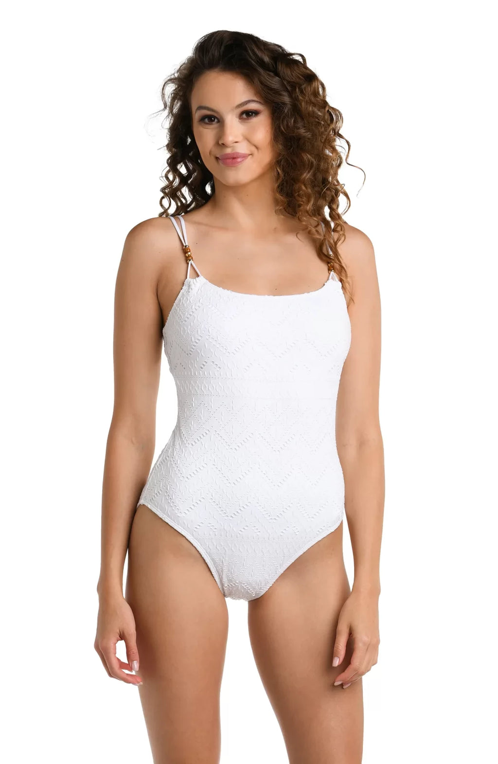 La Blanca Saltwater Sands White One-piece model showcasing trendy coastal style from Raggdoll Boutique.