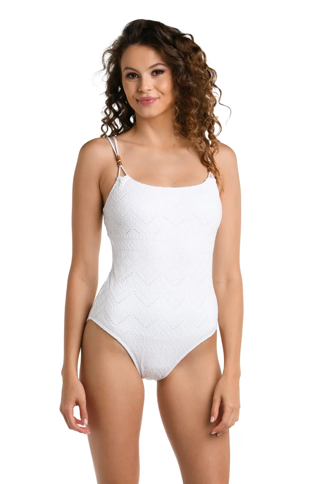 La Blanca Saltwater Sands White One-piece model showcasing trendy coastal style from Raggdoll Boutique.