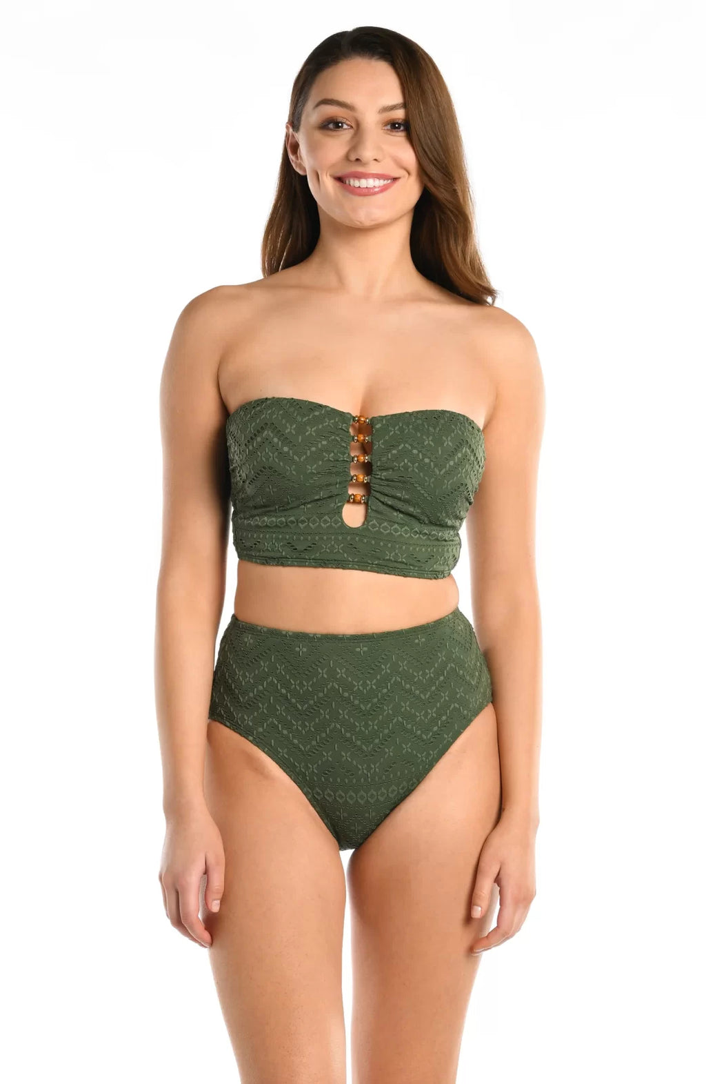 OLIVE BANDEAU BRA LA BLANCA model showcasing trendy coastal style from Raggdoll Boutique in Port Aransas.