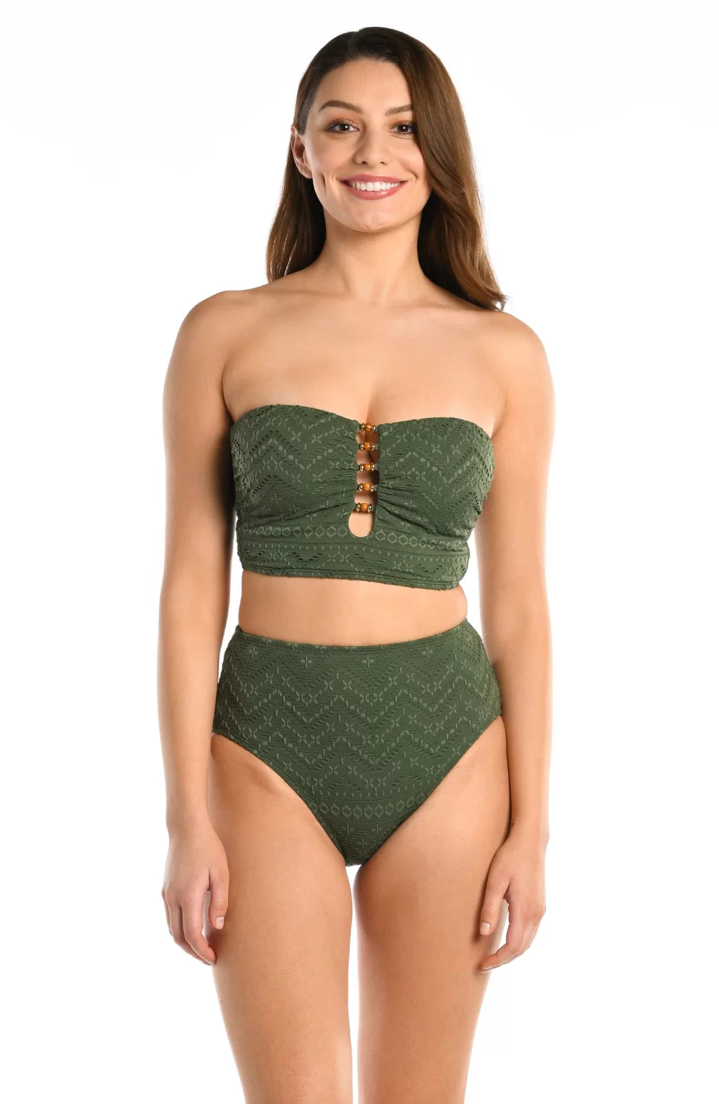 OLIVE BANDEAU BRA LA BLANCA model showcasing trendy coastal style from Raggdoll Boutique in Port Aransas.