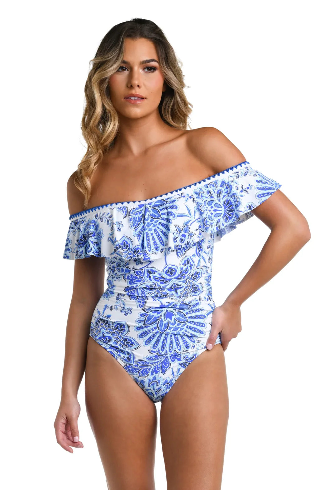 Beyond the Pacific Off-Shoulder Ruffle One-Piece  LA BLANCA for trendy coastal style at Raggdoll Boutique.