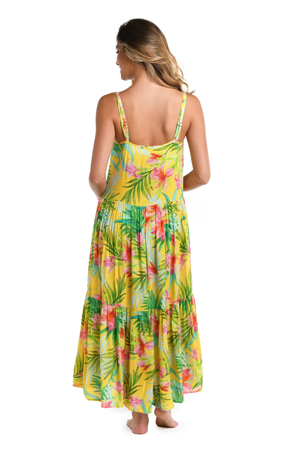 Back view of La Blanca Calypso Bloom Midi-Dress with tropical floral design, perfect for vacation wardrobe boutique.