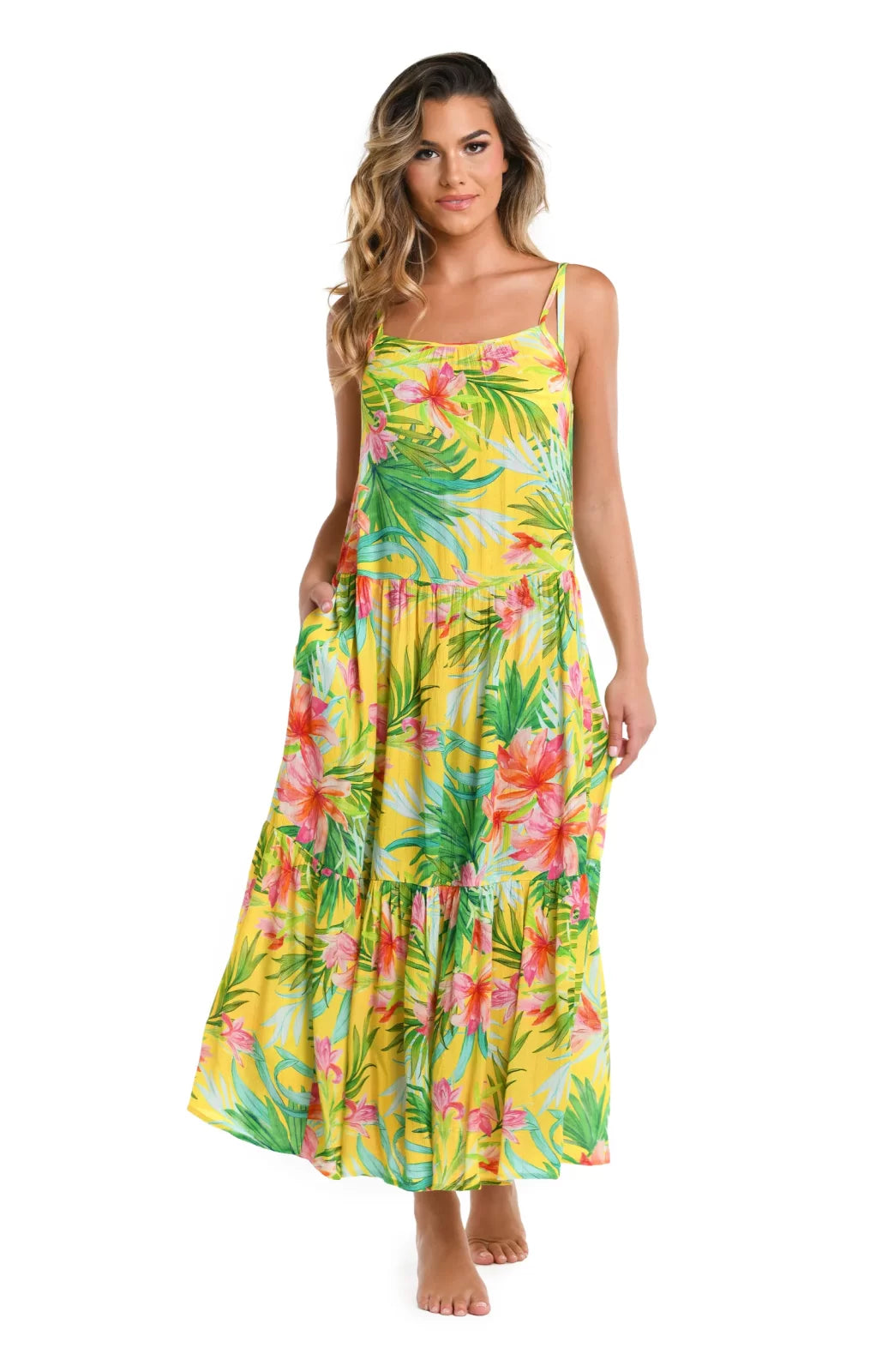 La Blanca Calypso Bloom Midi-Dress in vibrant floral print, perfect for summer outfits Texas, at Raggdoll Boutique.