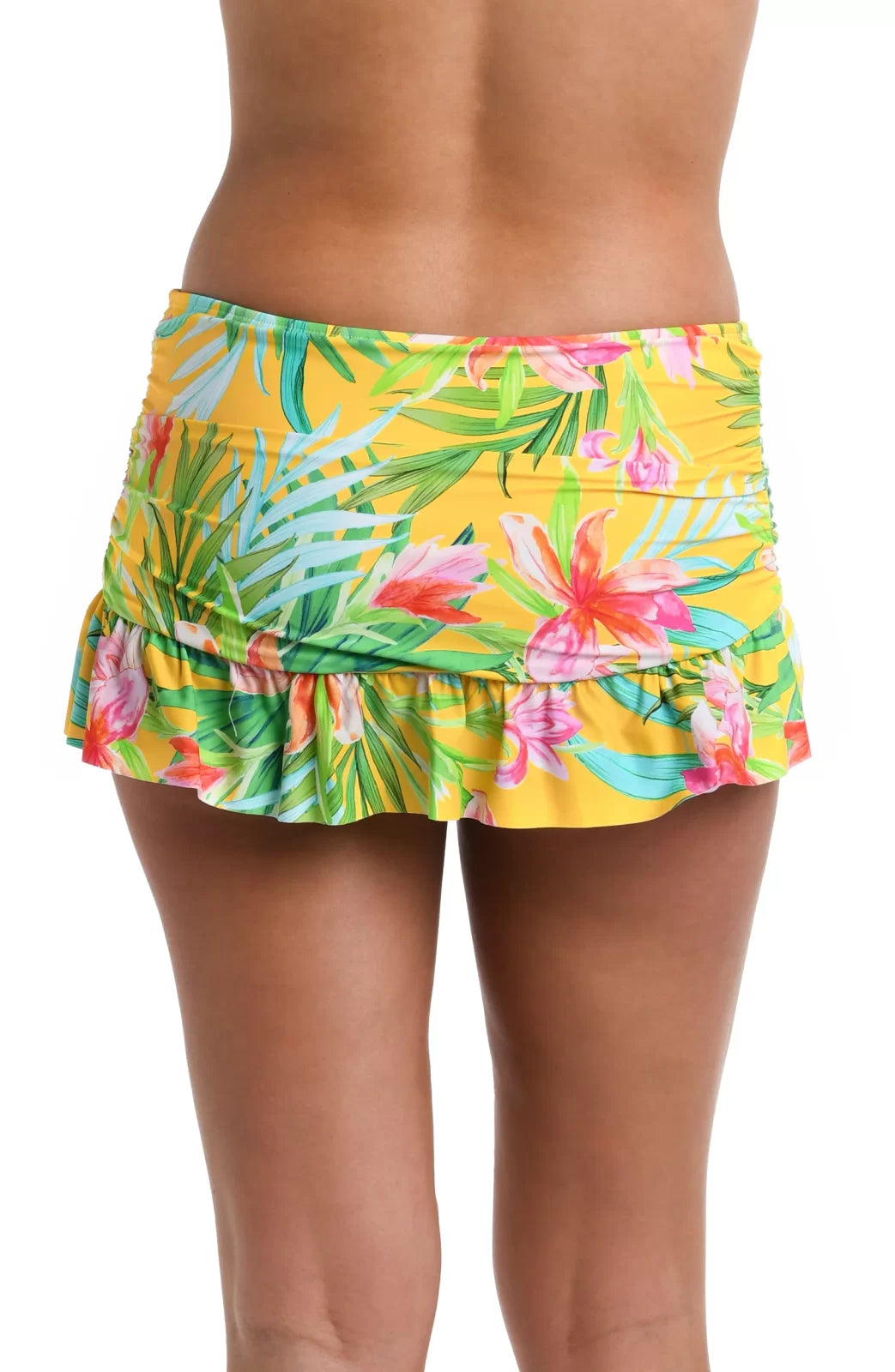 La Blanca Calypso Bloom Ruffle Skirt/Bottom in vibrant tropical floral print, perfect for coastal fashion at Raggdoll Boutique.
