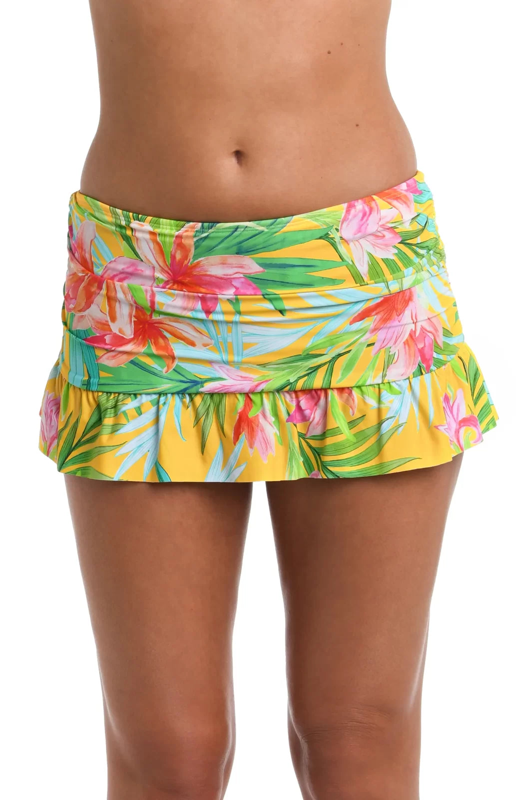 La Blanca Calypso Bloom Ruffle Skirt/Bottom featuring vibrant floral design, perfect for trendy coastal style from Raggdoll Boutique.