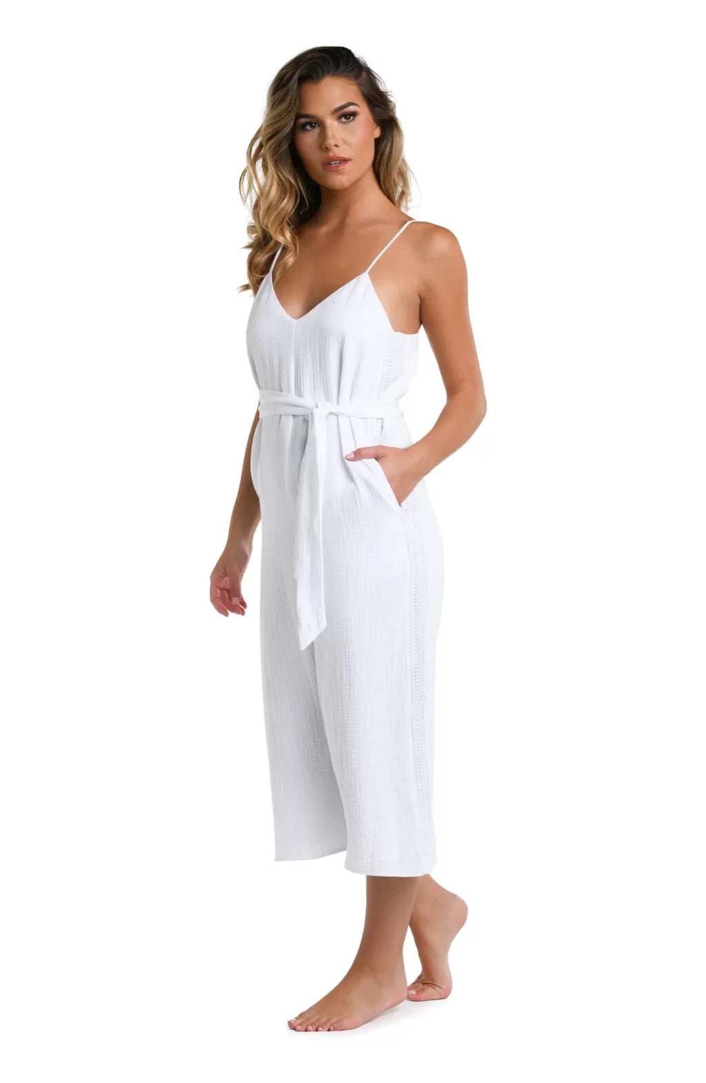 La Blanca Seaside Jumpsuit showcasing trendy coastal style from Raggdoll Boutique, ideal for summer outfits Texas.