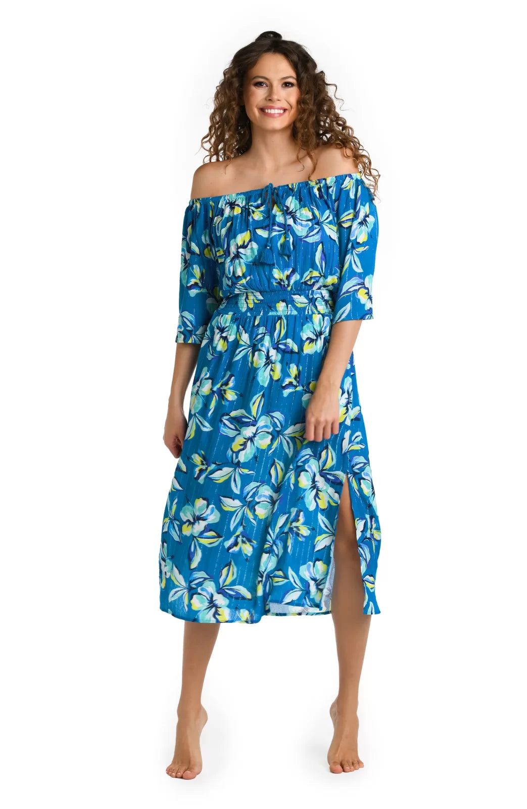 Off-the-shoulder tropical dress from La Blanca, perfect for coastal boutique clothing and beach vacation style.