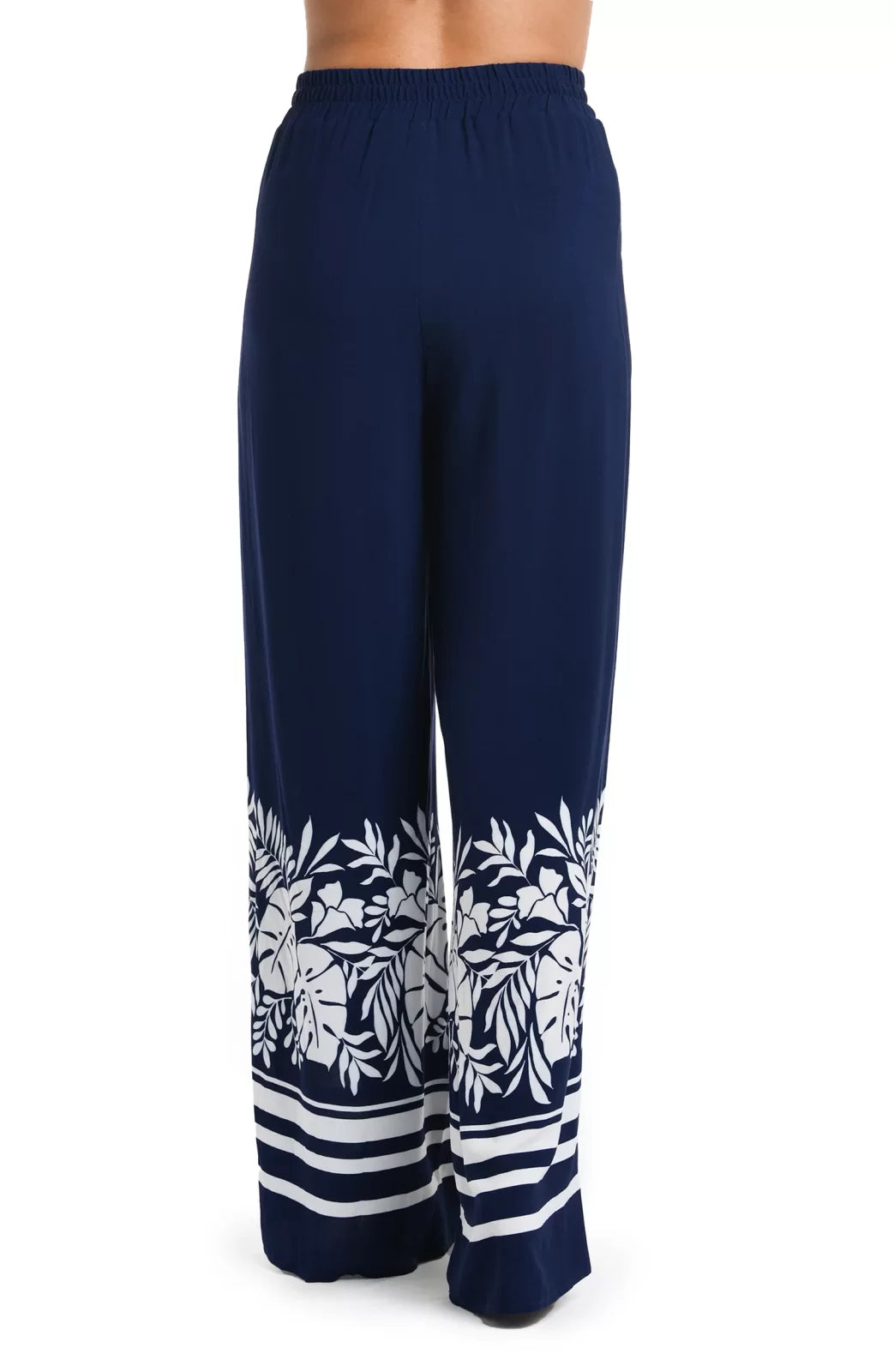 Navy beach bungalow palazzo pant cover up with floral print; perfect for coastal boutique clothing and tropical vacation dresses.