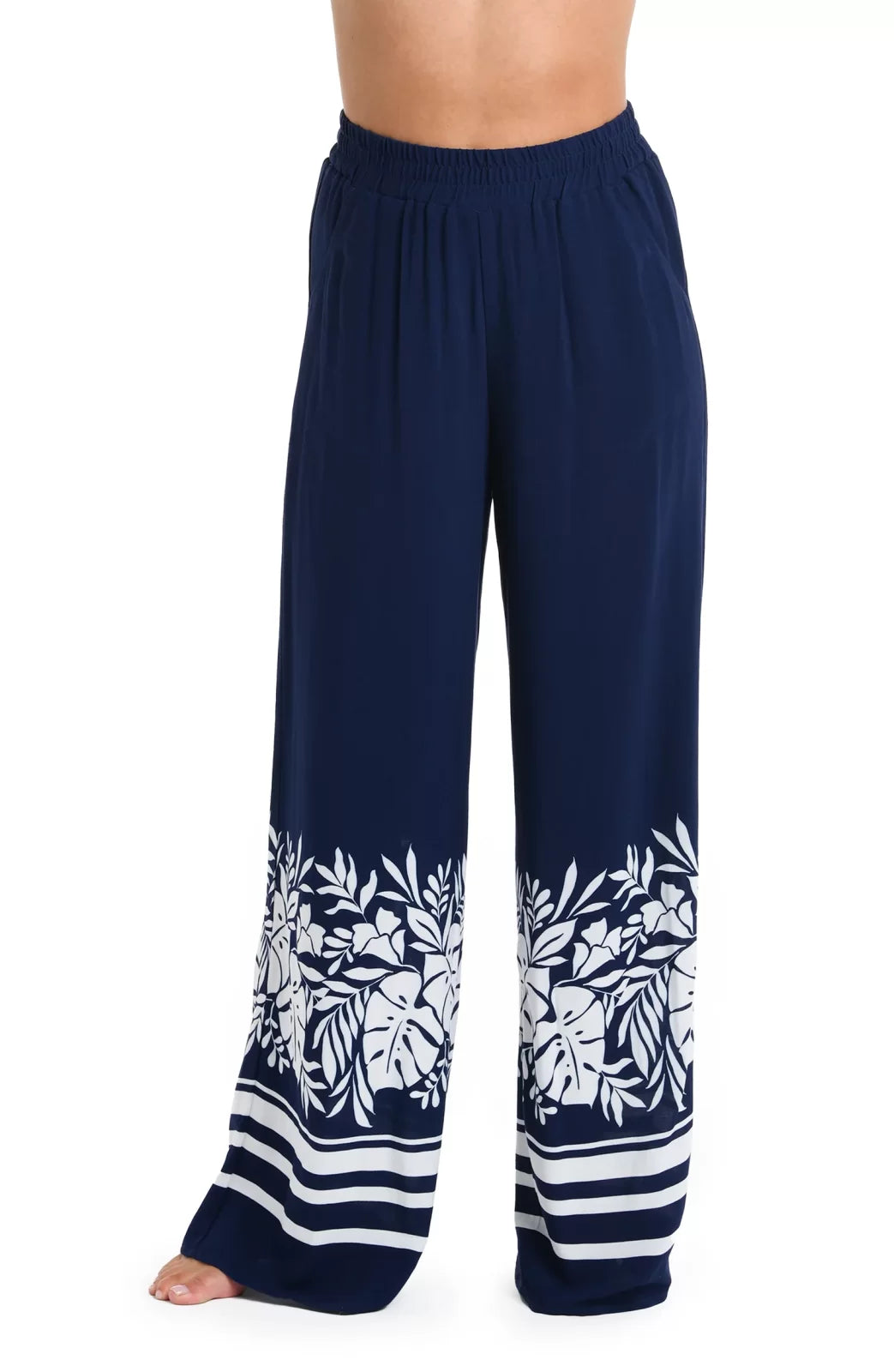 BEACH BUNGALOW PALAZZO PANT: Stylish navy cover up with floral design, perfect for coastal boutique clothing and beach dresses.