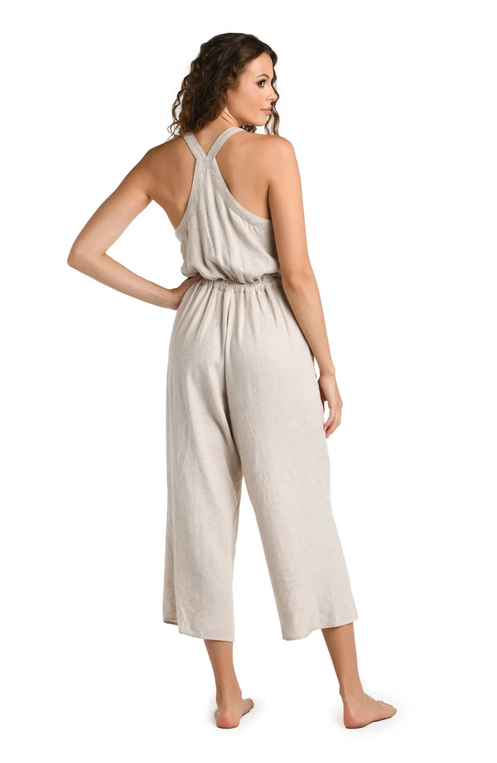 Delphine Coastal Jumpsuit in Taupe worn by model, showcasing trendy coastal style for summer outfits Texas.