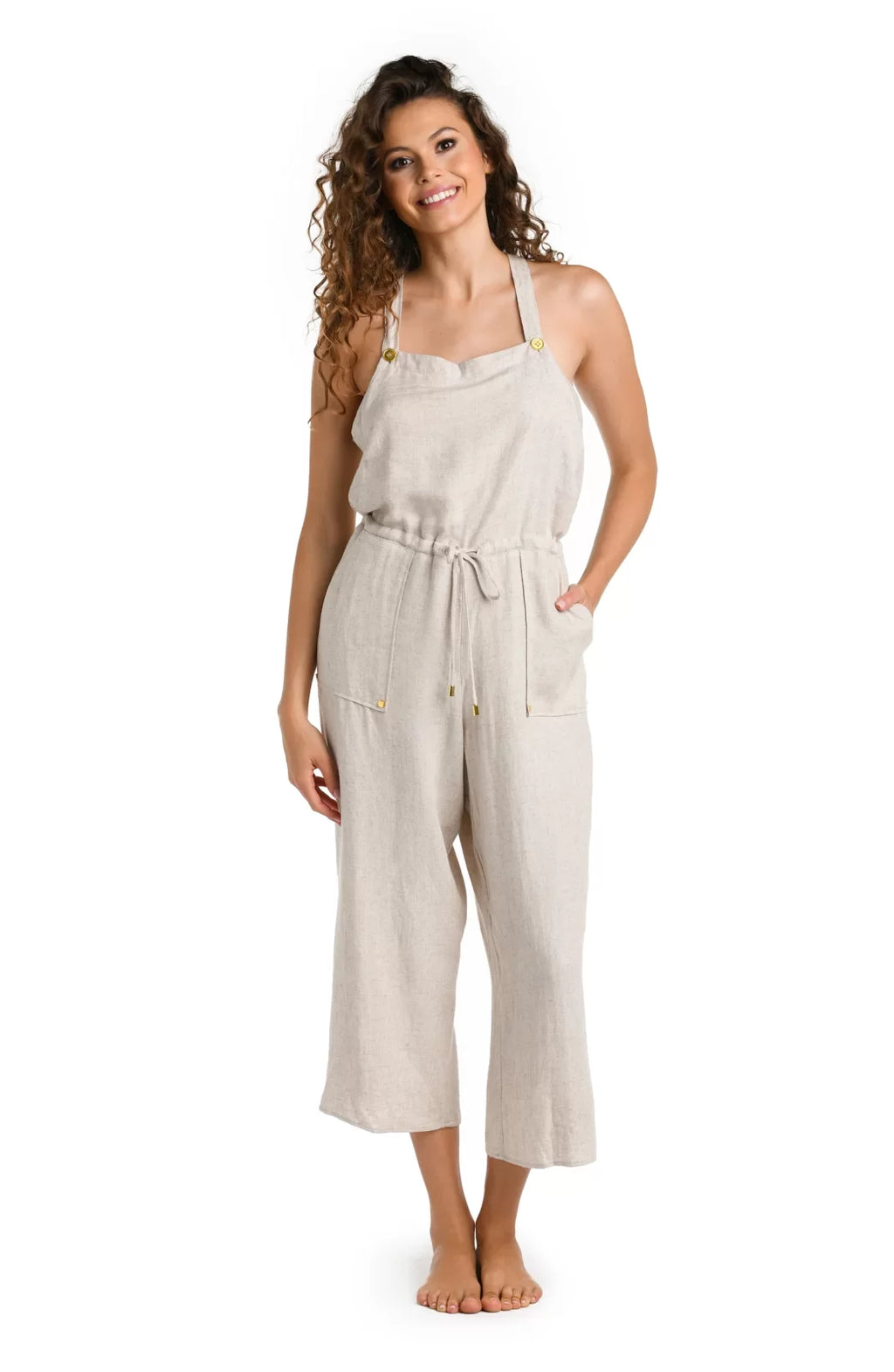 Delphine Coastal Jumpsuit in Taupe, stylish women's clothing from Raggdoll Boutique, perfect for vacation wardrobe.