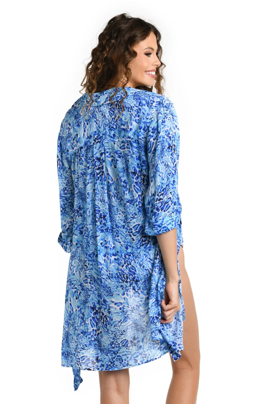 AQUATIC NATURE WRAP RESORT SHIRT COVER-UP-LA BLANCA in blue floral design, perfect for trendy coastal style from Raggdoll Boutique.