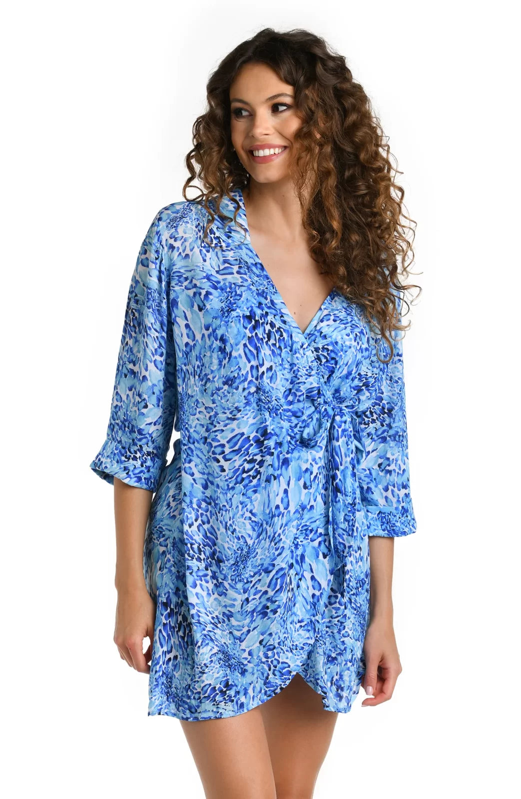AQUATIC NATURE WRAP RESORT SHIRT COVER-UP-LA BLANCA in blue floral print, perfect for summer outfits Texas.