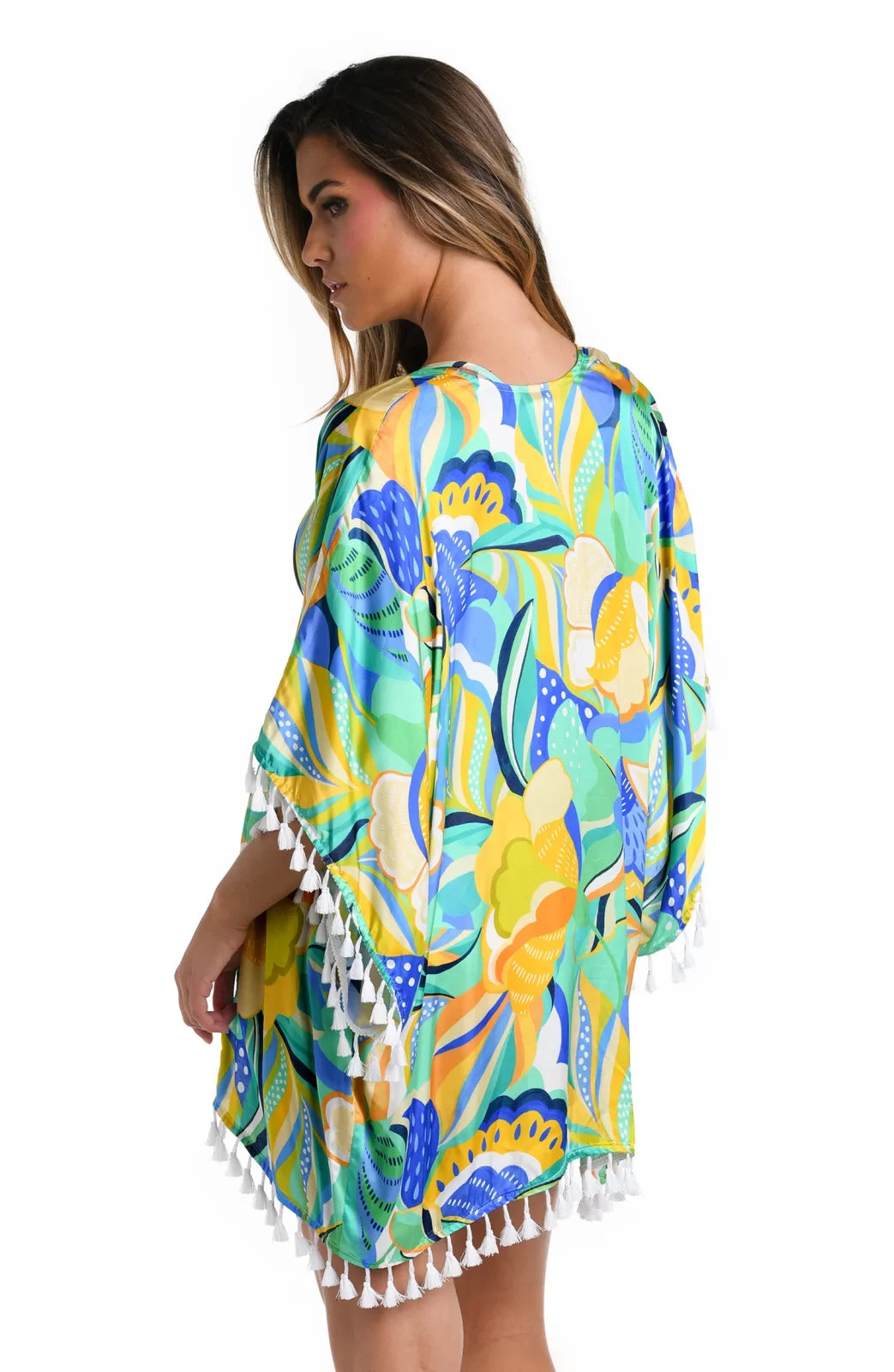 SUN IN SICILY KIMONO COVER UP-LA BLANCA displayed with vibrant floral patterns, perfect for coastal fashion.