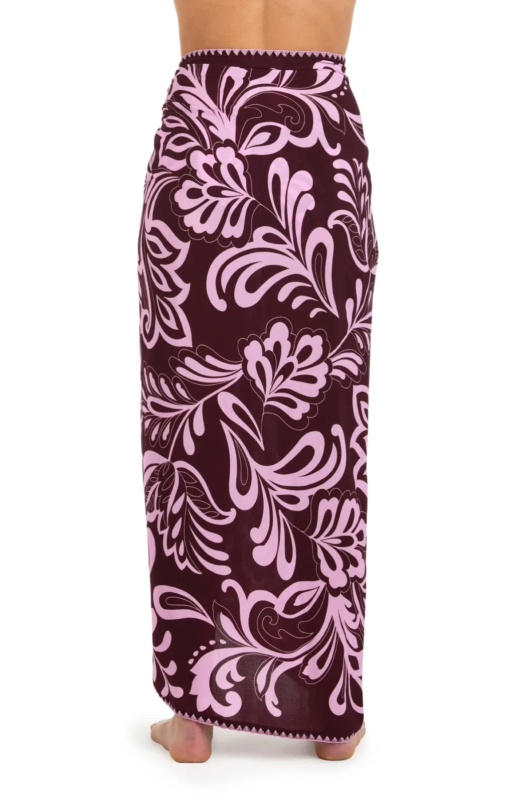 Fiji Floral Pareo Cover-Up in burgundy and pink, ideal for stylish beachwear from Port Aransas boutique.