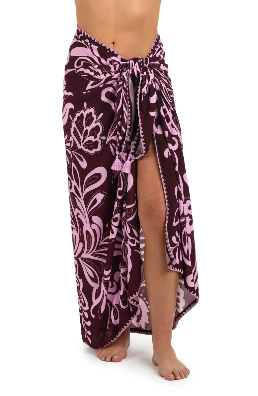 Fiji Floral Pareo Cover-Up with bold burgundy and pink floral print, perfect for stylish beachwear from a coastal boutique.