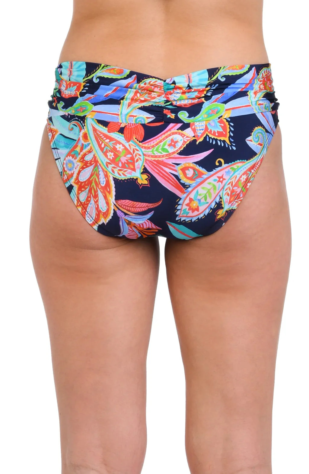 LA BLANCA Tropidelic Paisley Shirred Band Hipster Bottom - vibrant paisley print, comfortable mid-rise swimwear.