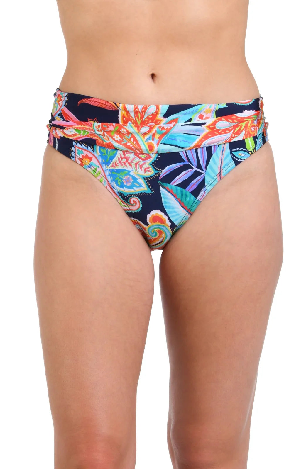 LA BLANCA Tropidelic Paisley Shirred Band Hipster Bottom with vibrant tropical print for trendy coastal style.