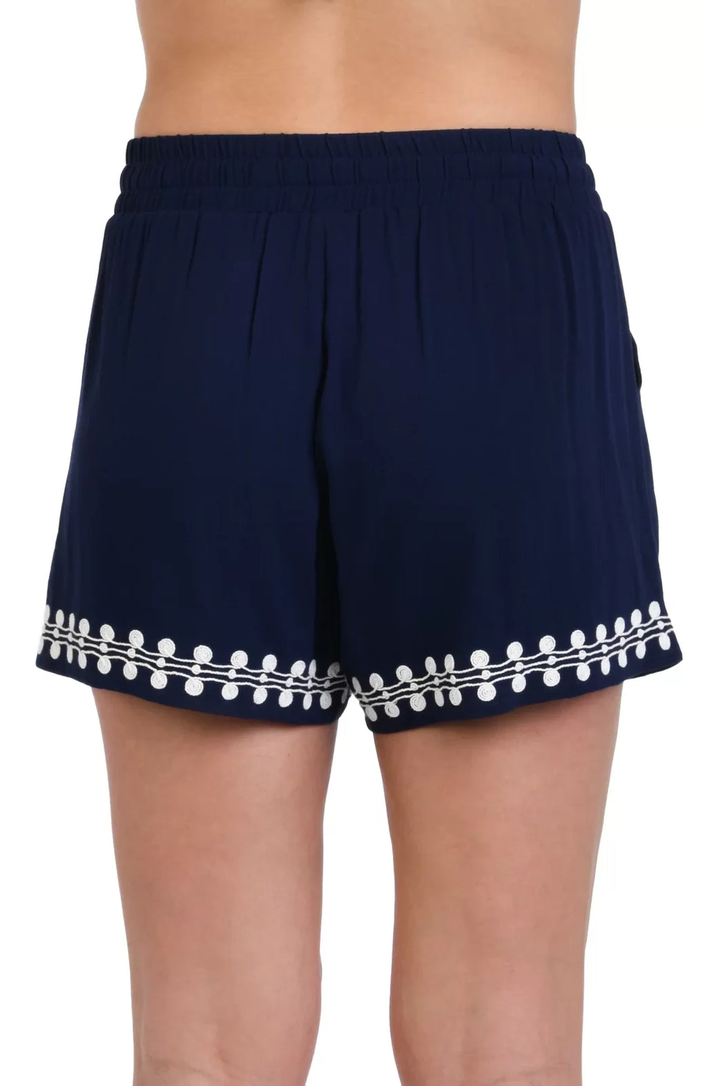 Sea Scallops Navy/White Beach Shorts featuring a stylish navy design and white pom-pom trim, ideal for summer outfits Texas.