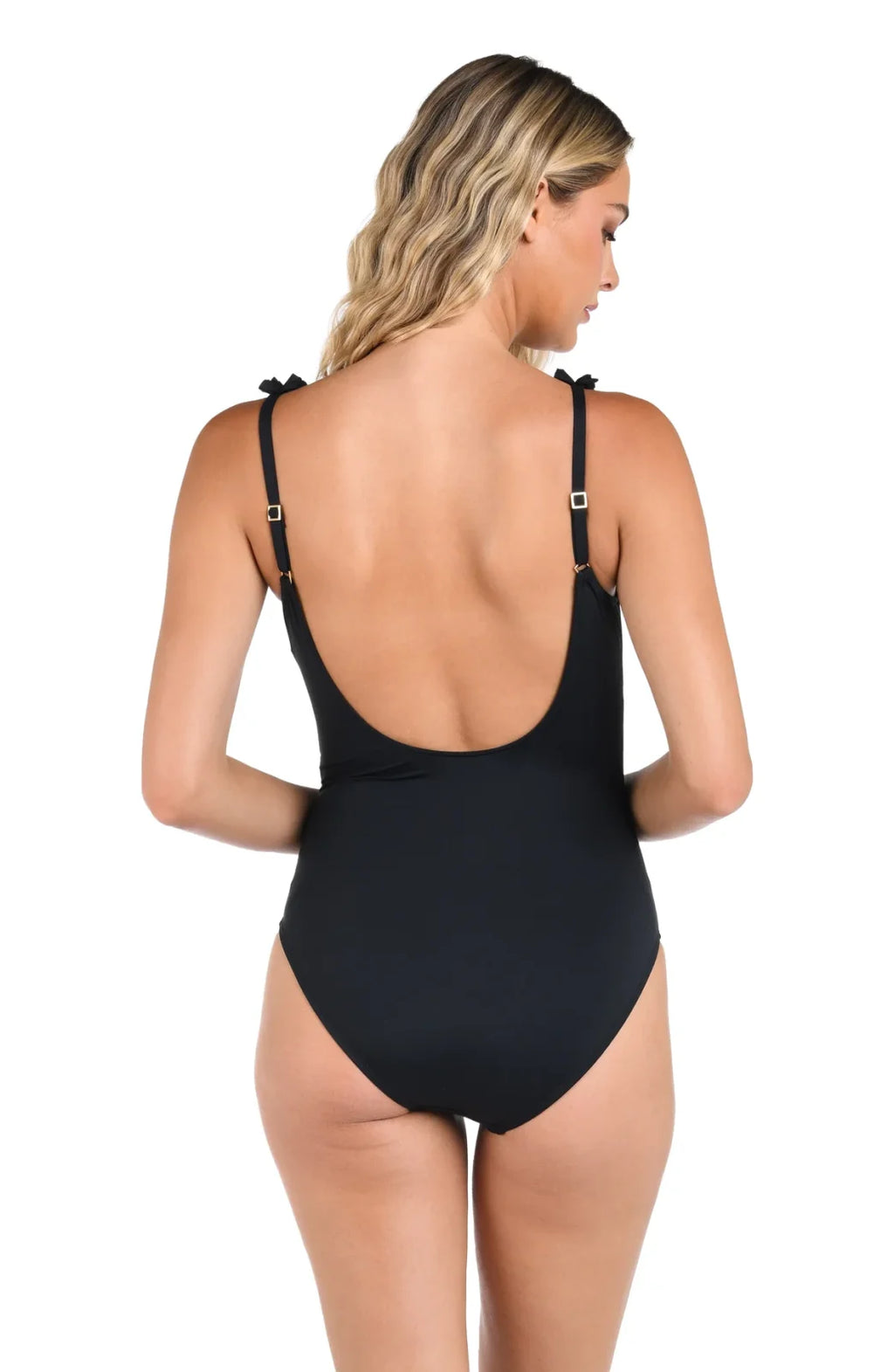 Back view of Island Goddess Black Ruffle One-Piece, perfect for coastal boutique clothing and tropical vacations.