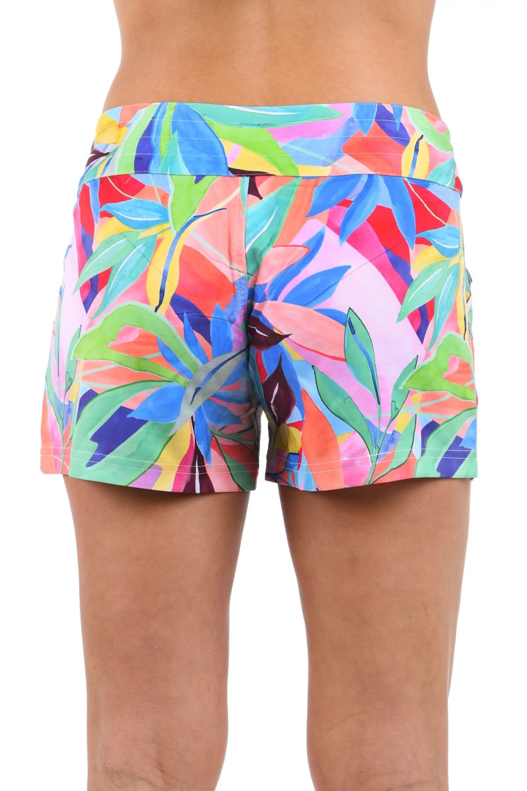 Colorful tropical flower pattern board shorts, perfect for summer vacation and coastal boutique clothing.