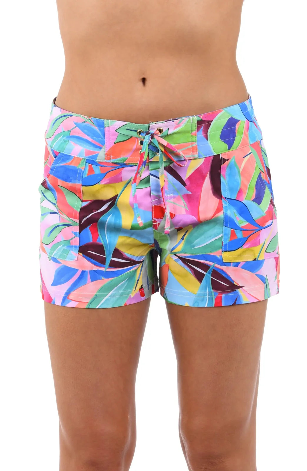Colorful LA BLANCA Tropi-Flage board shorts, perfect for tropical vacations, available at our Port Aransas boutique.