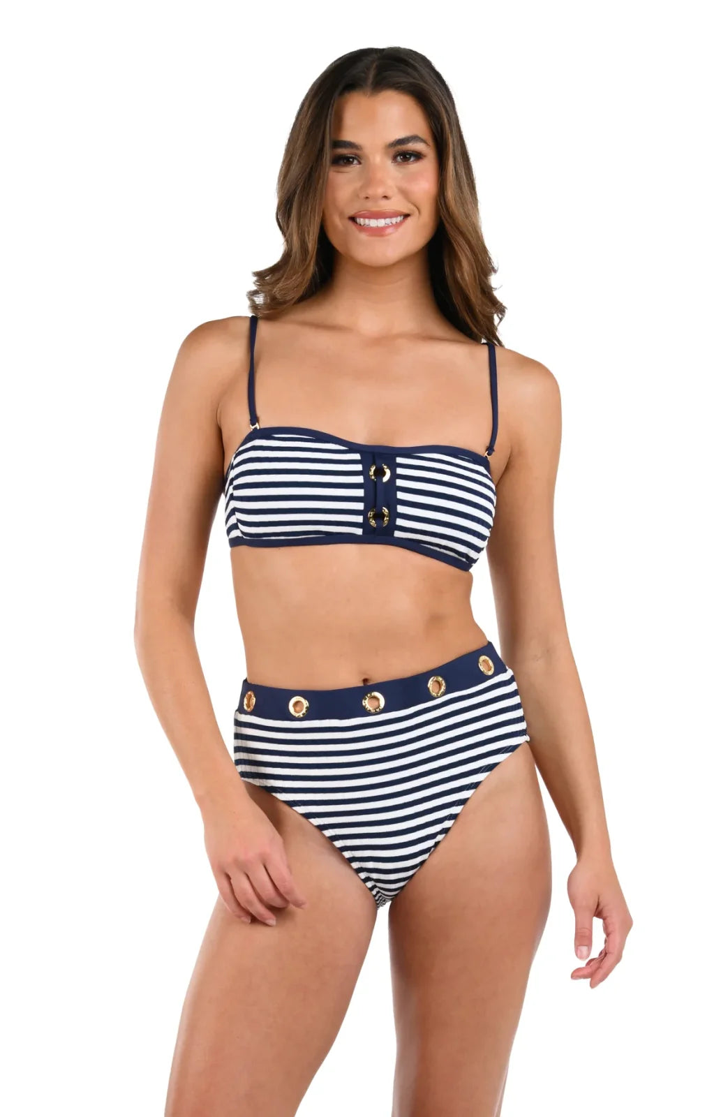Indigo bandeau bikini top and high-waisted bottoms from a coastal boutique, ideal for tropical vacations and stylish beachwear.