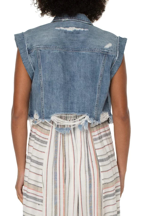 Back view of LIVERPOOL CROPPED JEAN JACKET showcasing shredded hem, perfect for summer outfits Texas.