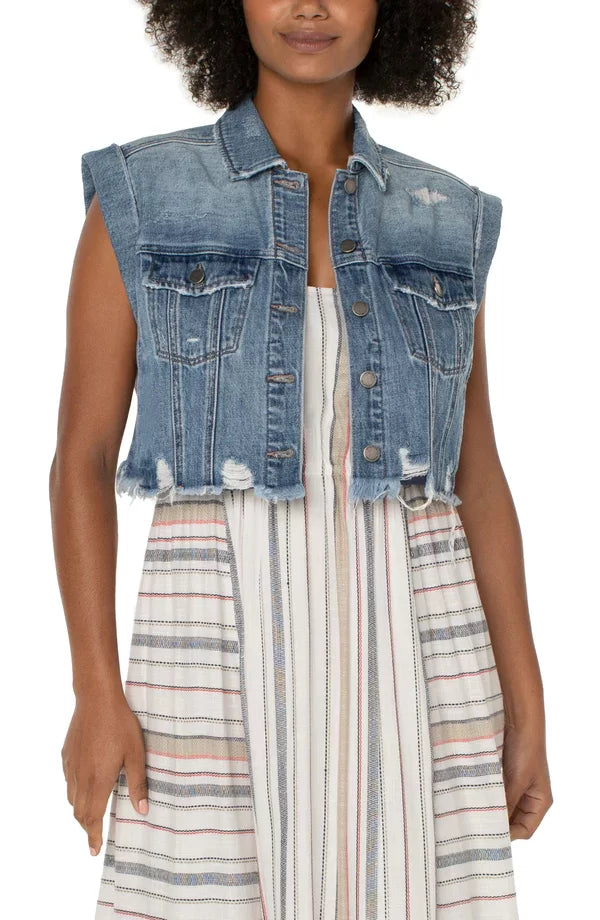 LIVERPOOL CROPPED JEAN JACKET worn over a striped maxi dress, perfect for trendy coastal style from Raggdoll Boutique.
