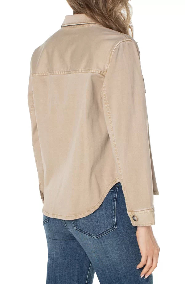 LP TAN CROP JACKET back view, perfect for trendy coastal style from Raggdoll Boutique in Port Aransas.