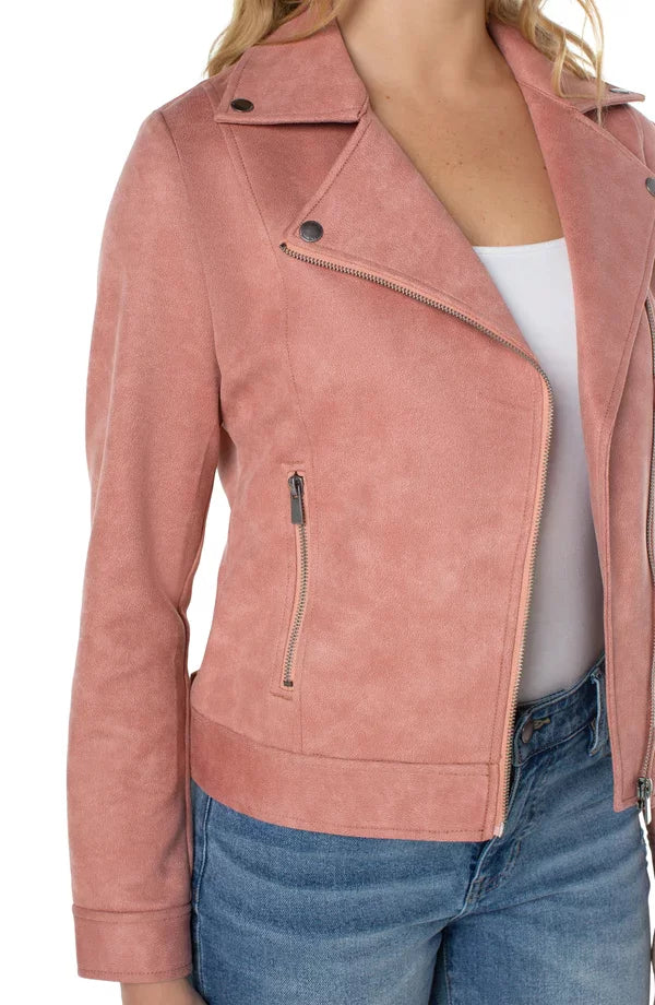 LIVERPOOL MOTTO JACKET-COLOR HAZE displayed in pink suede, perfect for trendy coastal style from Raggdoll Boutique.