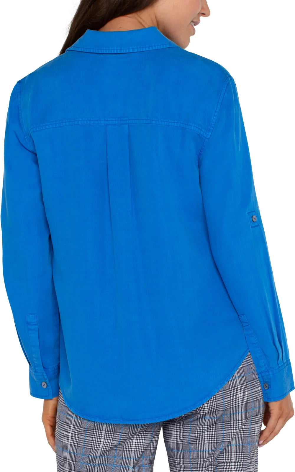 Back view of the Liverpool Topaz Button Down Woven Shirt in bright blue, perfect for coastal boutique clothing and summer styles.