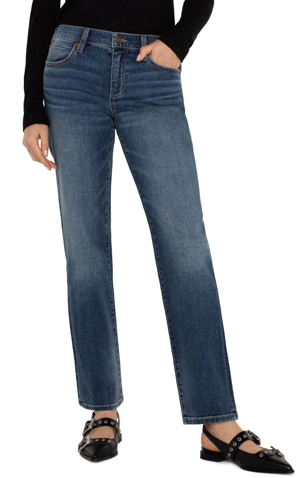 Liverpool Kennedy Straight Leg Jean, mid-rise with 30" inseam, perfect for curvy plus size fashion at Port Aransas boutique.