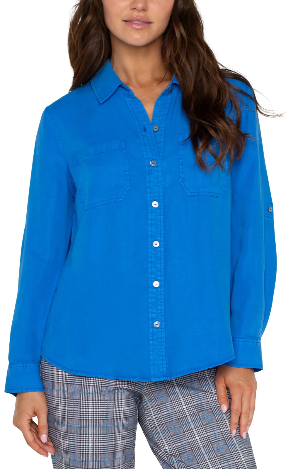 Bright blue Liverpool Topaz button-down shirt, perfect for coastal boutique clothing and stylish tops for women.